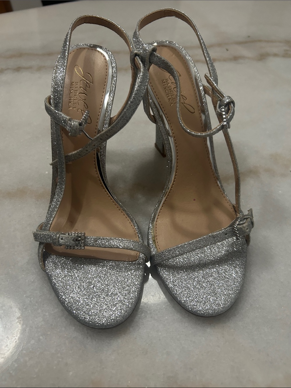 Jewel Badgley Mischka Silver Glitter T-Strap High Heels